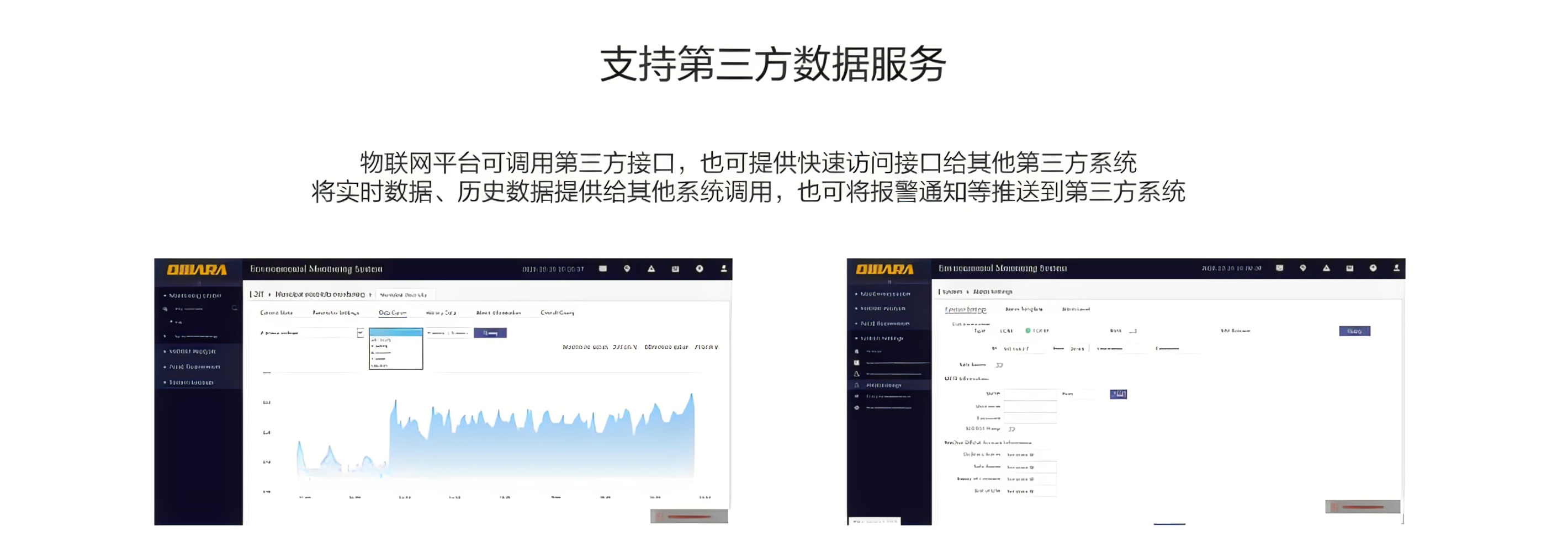 物聯(lián)網(wǎng)平臺(tái)可調(diào)用第三方接口，也可提供快速訪問接口給其他第三方系統(tǒng)，將實(shí)時(shí)數(shù)據(jù)、歷史數(shù)據(jù)提供給其他系統(tǒng)調(diào)用，也可將報(bào)警通知等推送到第三方系統(tǒng)