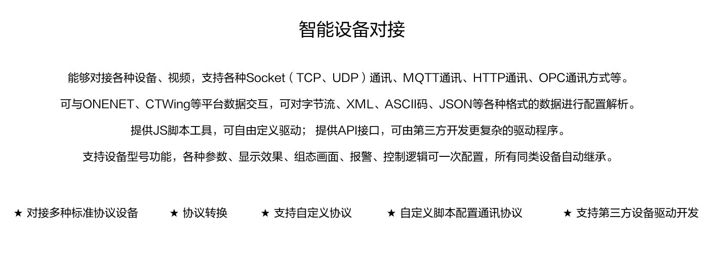 能夠?qū)痈鞣N設(shè)備、視頻，支持各種SocKet(TCP、UDP)通訊、MOTT通訊、HTTP通訊、OPC通訊方式等。 可與ONENET、CTWing等平臺(tái)數(shù)據(jù)交互，可對(duì)字節(jié)流、XML、ASCI碼、JSON等各種格式的數(shù)據(jù)進(jìn)行配置解析。 提供JS腳本工具，可自由定義驅(qū)動(dòng);提供API接口，可由第三方開發(fā)更復(fù)雜的驅(qū)動(dòng)程序。 支持設(shè)備型號(hào)功能，各種參數(shù)、顯示效果、組態(tài)畫面、報(bào)警、控制邏輯可一次配置，所有同類設(shè)備自動(dòng)繼承。