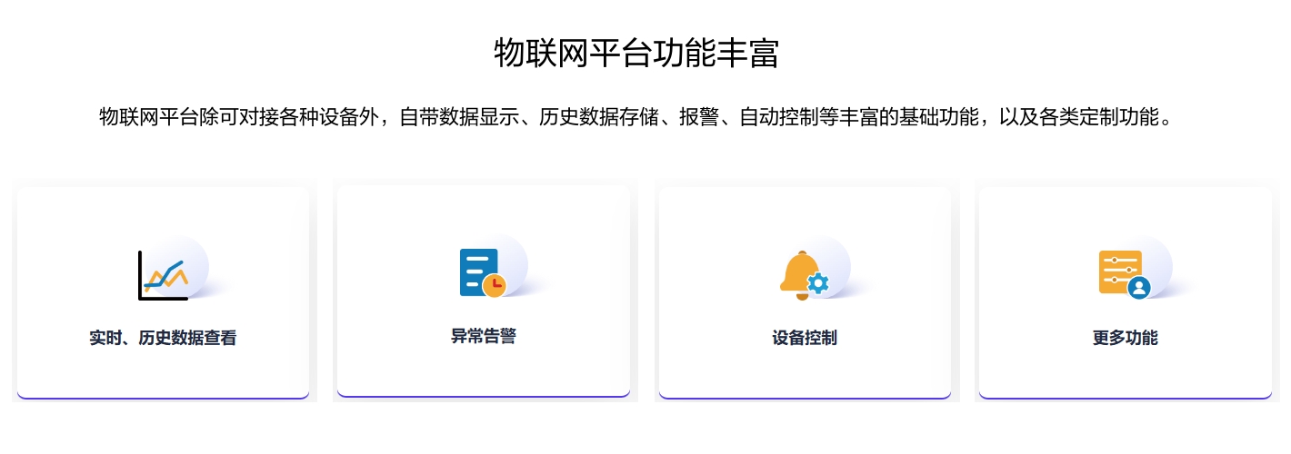 物聯(lián)網(wǎng)平臺(tái)功能豐富，除可對(duì)接各種設(shè)備外，自帶數(shù)據(jù)顯示、歷史數(shù)據(jù)存儲(chǔ)、報(bào)警、自動(dòng)控制等豐富的基礎(chǔ)功能，以及各類定制功能。